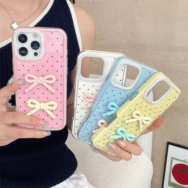 Protective Apple iPhone Back Cover - Cute Polka Dots 3D Bow Diamond Rhinestone Pre-Order iPhone Case