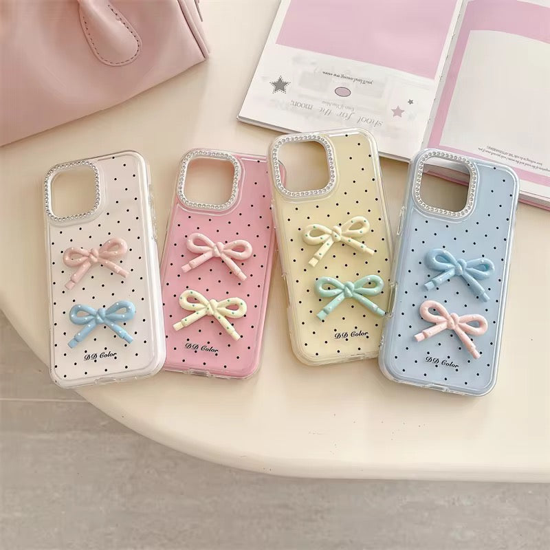 Protective Apple iPhone Back Cover - Cute Polka Dots 3D Bow Diamond Rhinestone Pre-Order iPhone Case - Style 7
