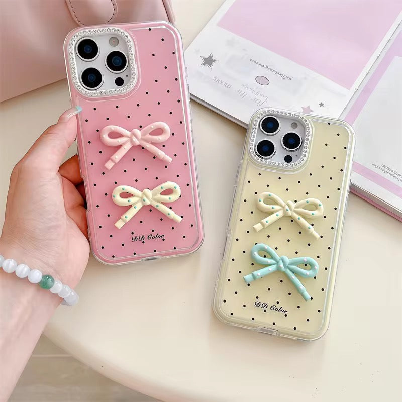 Protective Apple iPhone Back Cover - Cute Polka Dots 3D Bow Diamond Rhinestone Pre-Order iPhone Case - Style 5