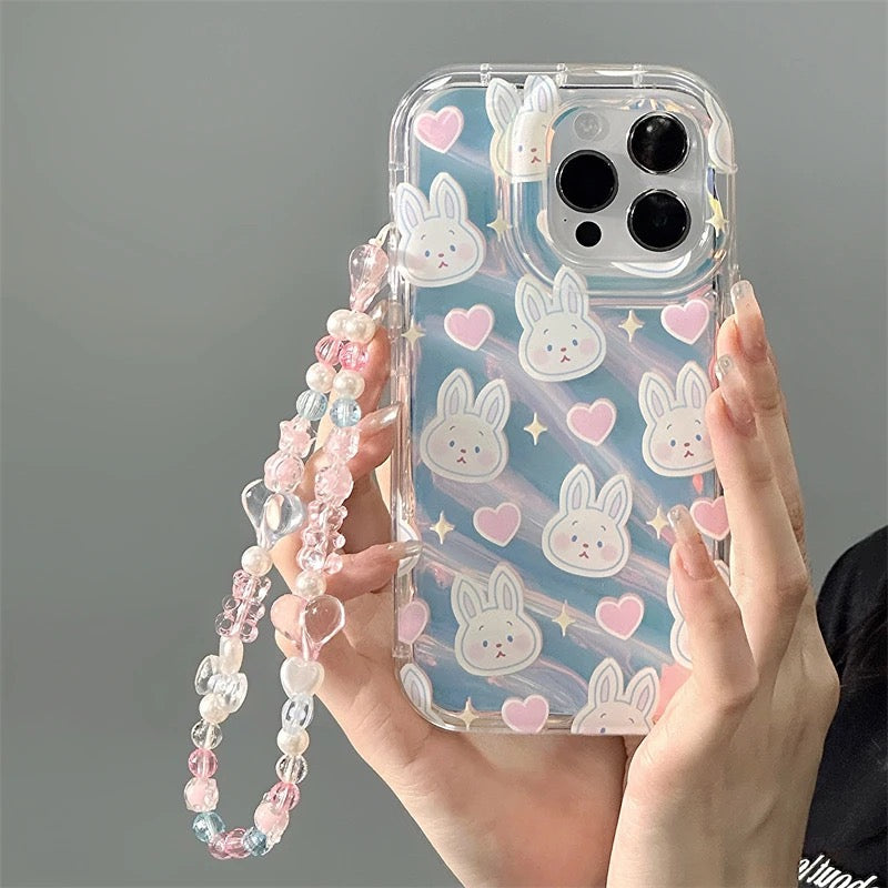2 in 1 Cute Bunny Laser Bracelet Lanyard Transparent iPhone Soft Case