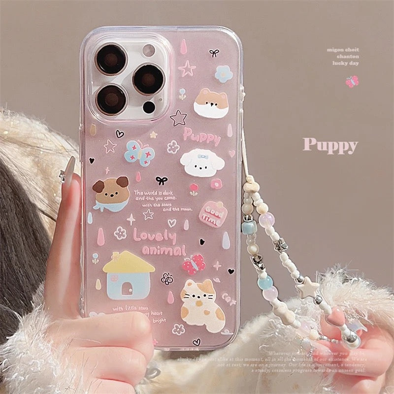 Protective Apple iPhone Back Cover - Puppy Dog Animal Lanyard Bracelet Pink iPhone Silicone Case
