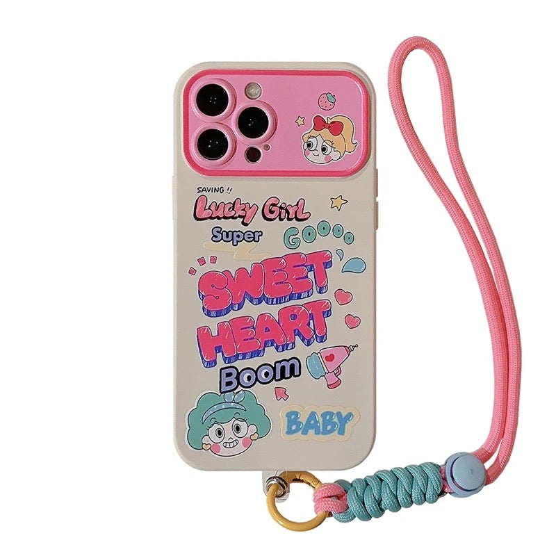Protective Apple iPhone Back Cover - White Sweet Heart Pink Lanyard Bracelet iPhone Silicone Case - Style 5