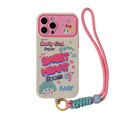 White Sweet Heart Pink Lanyard Bracelet iPhone Silicone Case