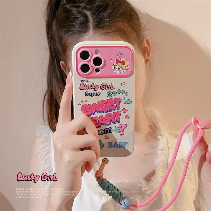 Protective Apple iPhone Back Cover - White Sweet Heart Pink Lanyard Bracelet iPhone Silicone Case - Style 4