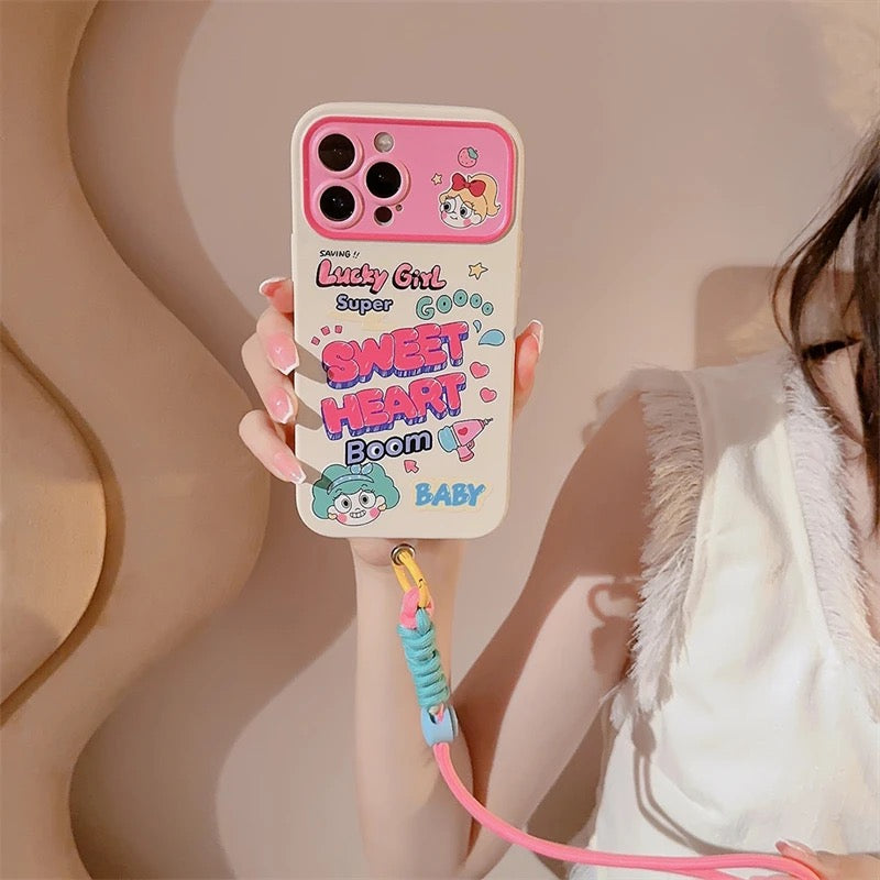 Protective Apple iPhone Back Cover - White Sweet Heart Pink Lanyard Bracelet iPhone Silicone Case - Style 3