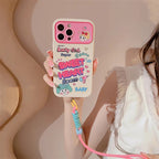 Protective Apple iPhone Back Cover - White Sweet Heart Pink Lanyard Bracelet iPhone Silicone Case - Style 3