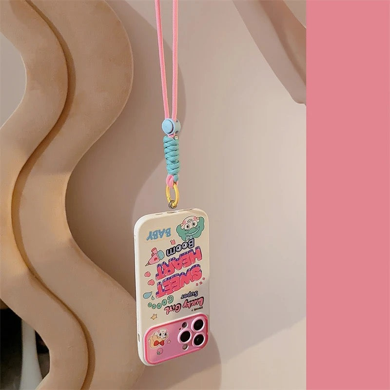 Protective Apple iPhone Back Cover - White Sweet Heart Pink Lanyard Bracelet iPhone Silicone Case - Style 2