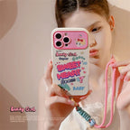 Protective Apple iPhone Back Cover - White Sweet Heart Pink Lanyard Bracelet iPhone Silicone Case