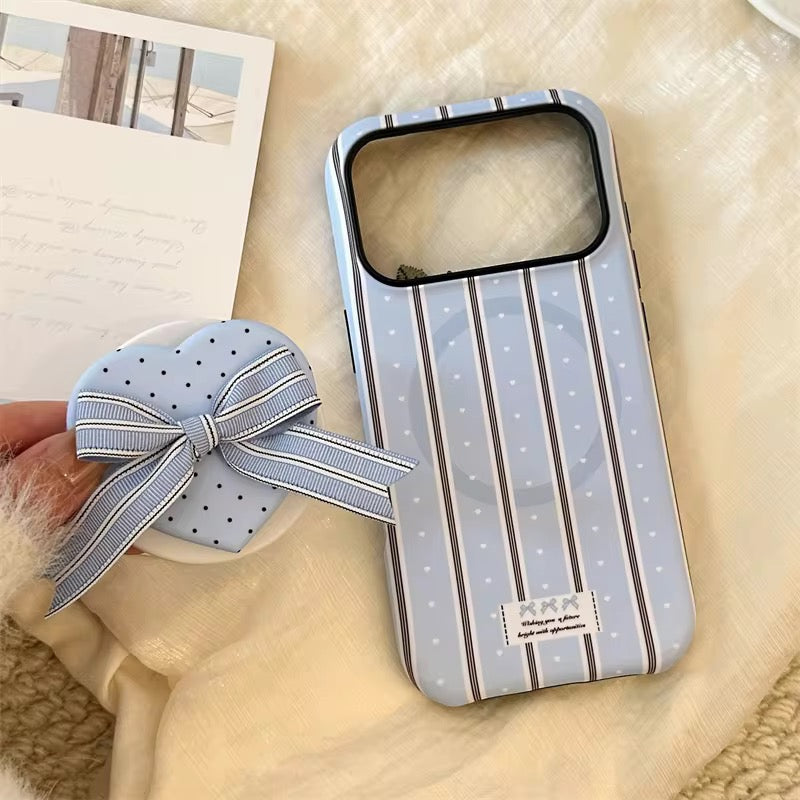 Protective Apple iPhone Back Cover - Checkered Striped Heart 3D Bow Magsafe Magnetic Phone Holder iPhone Pre-Order Case - Style 8