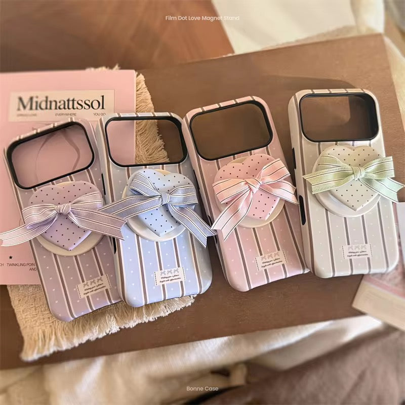 Protective Apple iPhone Back Cover - Checkered Striped Heart 3D Bow Magsafe Magnetic Phone Holder iPhone Pre-Order Case