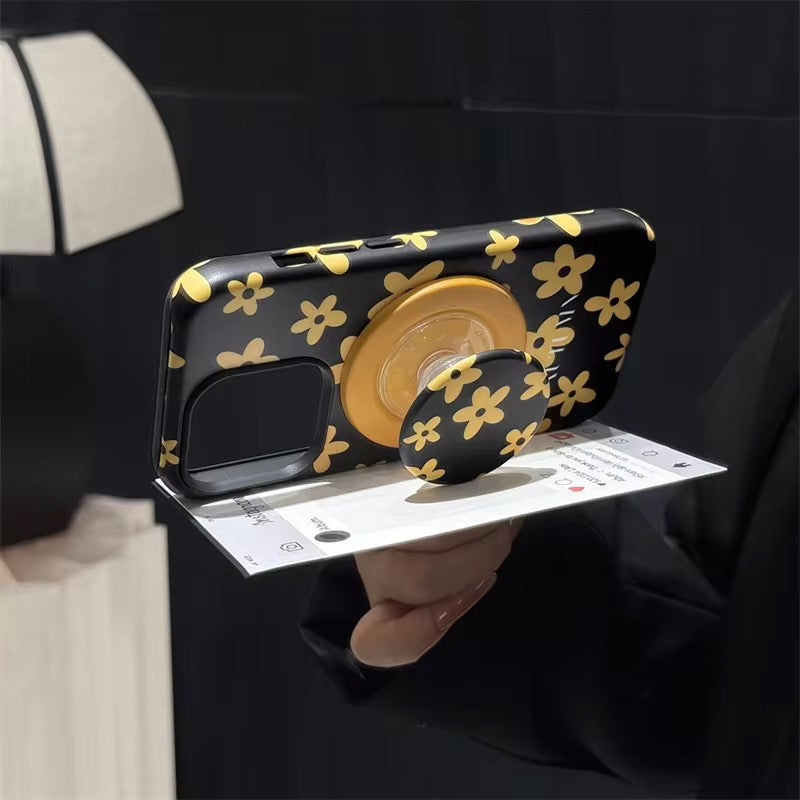 Protective Apple iPhone Back Cover - Black Yellow Flower Magsafe Magnetic Phone Holder iPhone Pre-Order Case - Style 2