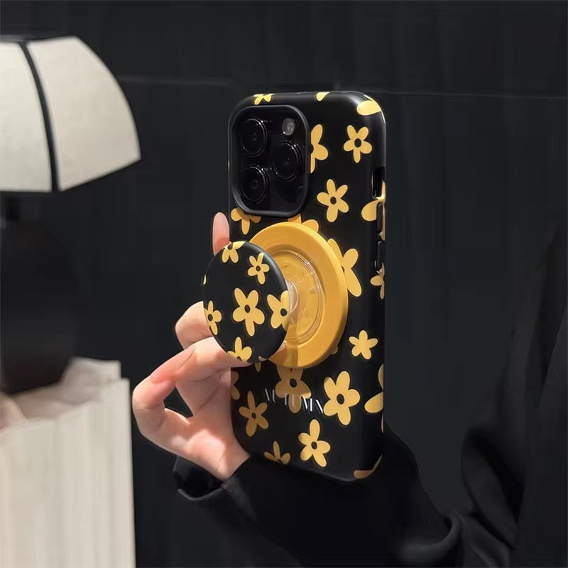 Protective Apple iPhone Back Cover - Black Yellow Flower Magsafe Magnetic Phone Holder iPhone Pre-Order Case - Style 4