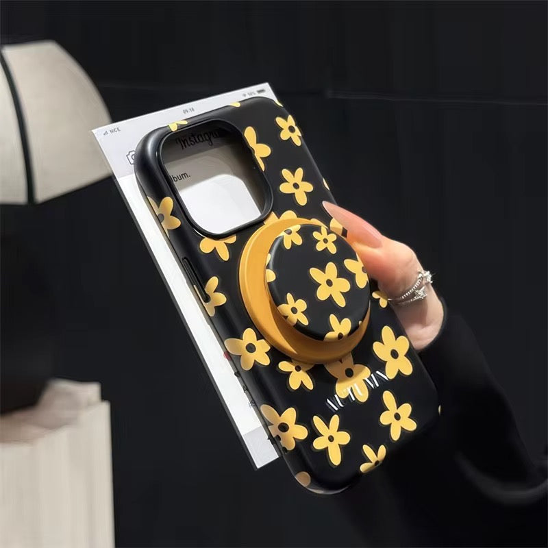 Protective Apple iPhone Back Cover - Black Yellow Flower Magsafe Magnetic Phone Holder iPhone Pre-Order Case - Style 3