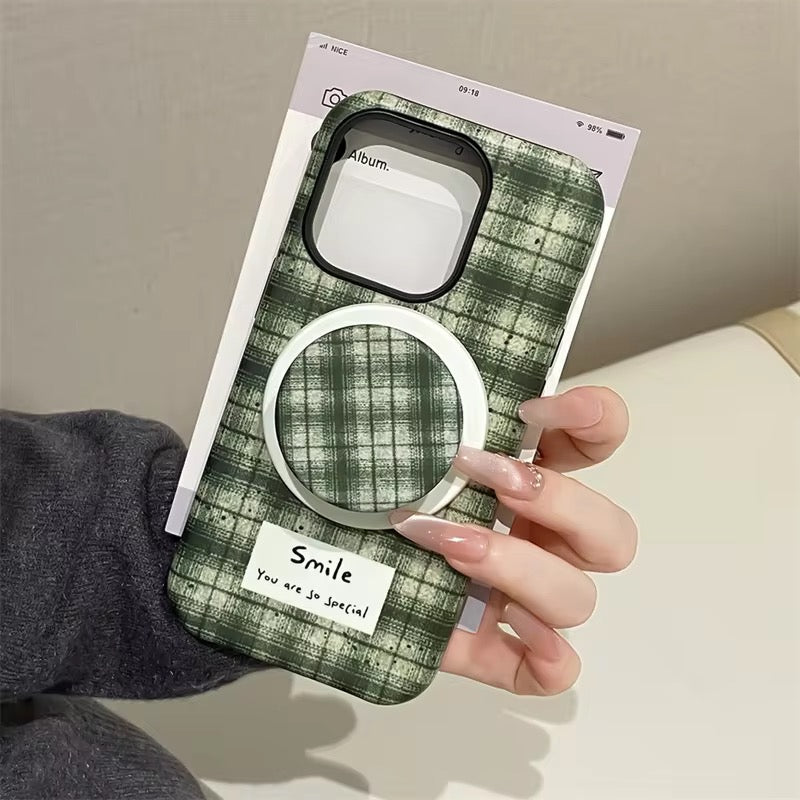 Protective Apple iPhone Back Cover - Checkered Green Yellow Magsafe Magnetic Phone Holder iPhone Pre-Order Case - Style 4