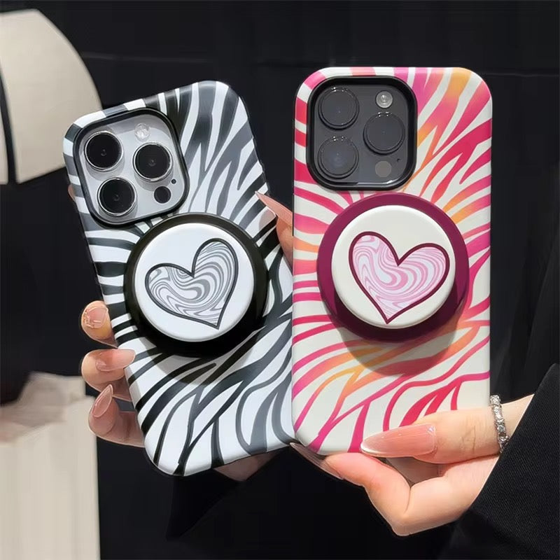 Protective Apple iPhone Back Cover - Black Pink Waves Heart Magsafe Magnetic Phone Holder iPhone Pre-Order Case