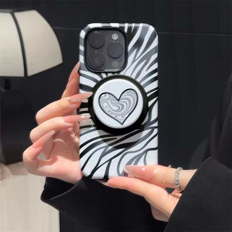 Protective Apple iPhone Back Cover - Black Pink Waves Heart Magsafe Magnetic Phone Holder iPhone Pre-Order Case - Style 3