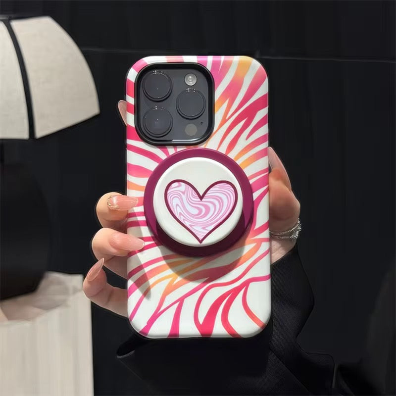Protective Apple iPhone Back Cover - Black Pink Waves Heart Magsafe Magnetic Phone Holder iPhone Pre-Order Case - Style 2