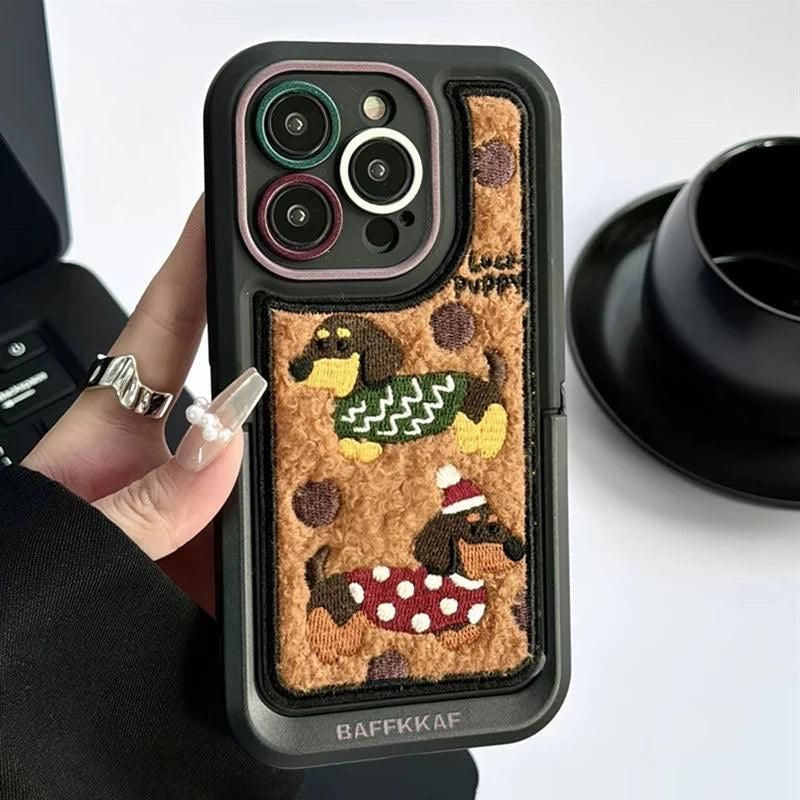 Protective Apple iPhone Back Cover - Puupy Dog Fur Plush Holder Stand iPhone Case For iPhone 14 - Style 2