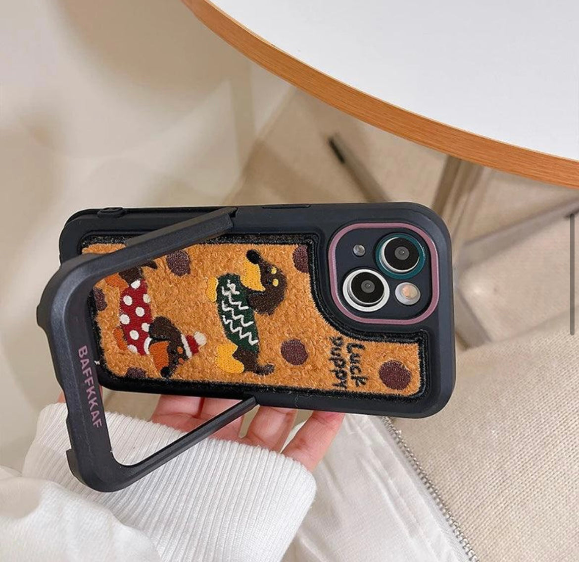 Protective Apple iPhone Back Cover - Puupy Dog Fur Plush Holder Stand iPhone Case For iPhone 14 - Style 3