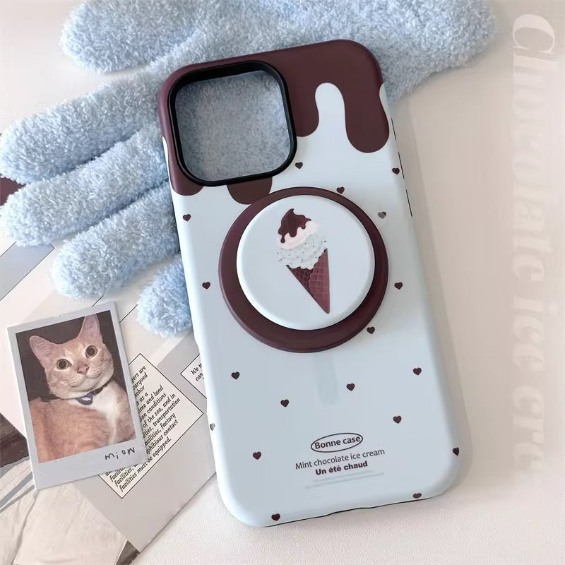 Protective Apple iPhone Back Cover - Ice Cream Brown Hearts Magsafe Magnetic Phone Holder iPhone Pre-Order Case - Style 5