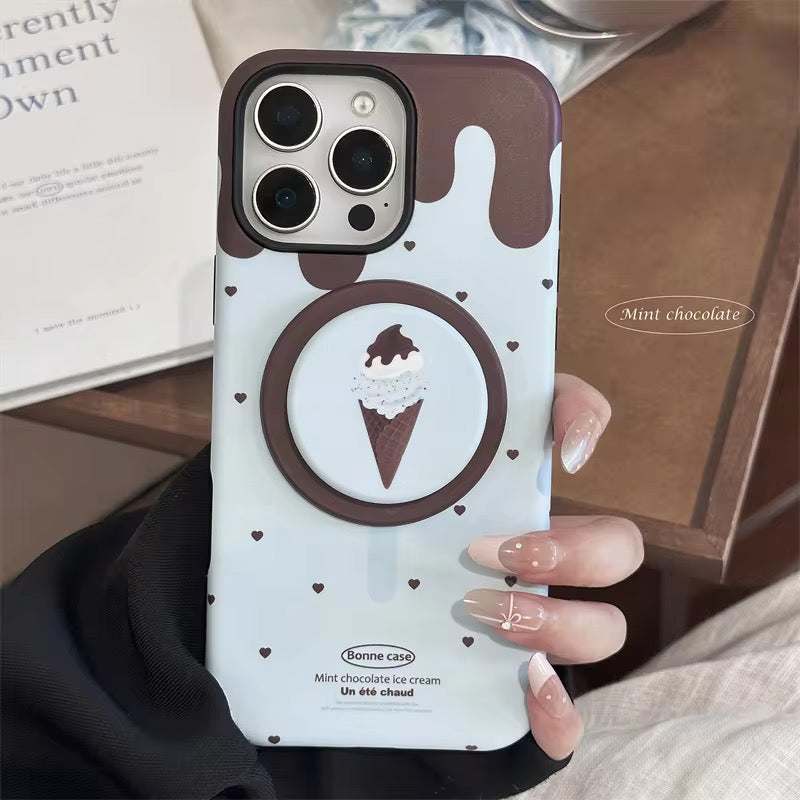 Protective Apple iPhone Back Cover - Ice Cream Brown Hearts Magsafe Magnetic Phone Holder iPhone Pre-Order Case - Style 2