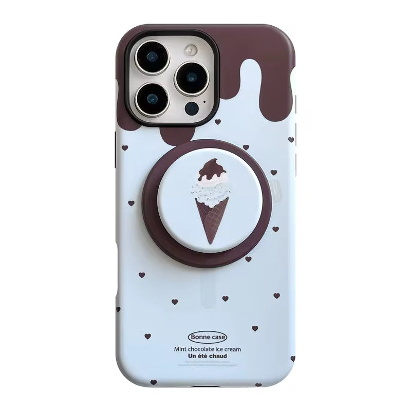 Protective Apple iPhone Back Cover - Ice Cream Brown Hearts Magsafe Magnetic Phone Holder iPhone Pre-Order Case