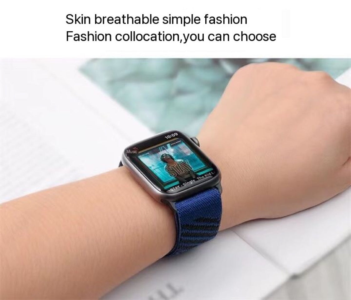 Nylon Solo Loop Strap Bands for Apple Watch 42mm 44mm 45mm 49 mm  Adjustable Stretch Elastics Weave - BLACK/BLUE