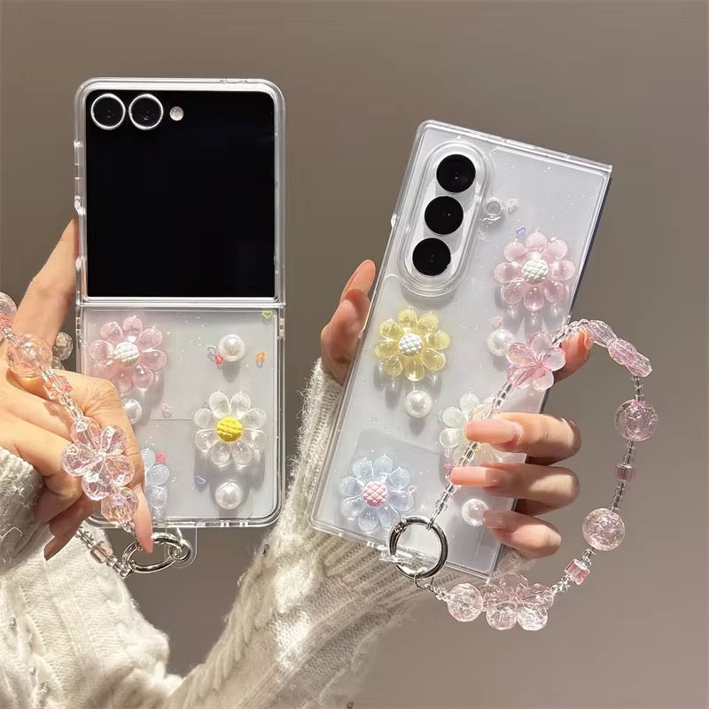 3D Cute Pearl Flower Lanyard Bracelet Chain Samsung Z Flip Fold Pre-Order Case Mobile Case by CoverMeUp