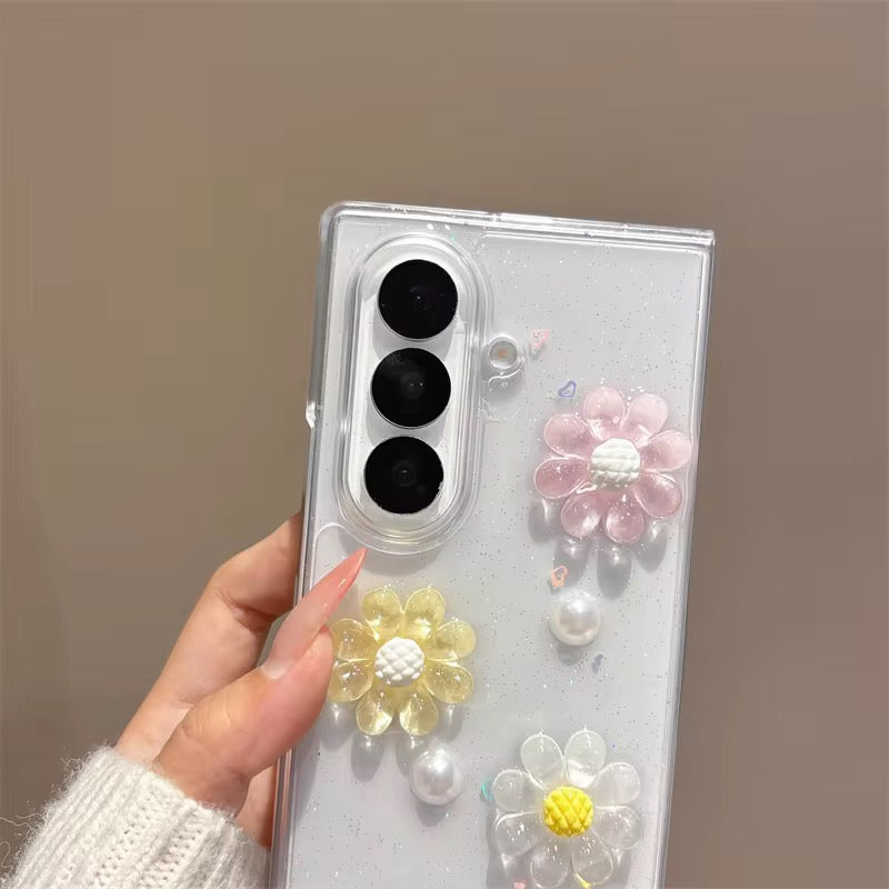 3D Cute Pearl Flower Lanyard Bracelet Chain Samsung Z Flip Fold Pre-Order Case Mobile Case by CoverMeUp - Style 3