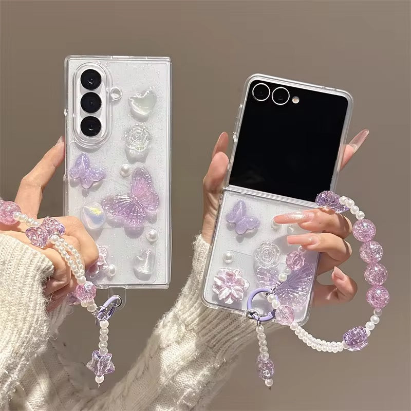 3D Purple Pearl Butterfly Lanyard Bracelet Chain Samsung Z Flip Fold Pre-Order Case Mobile Case by CoverMeUp