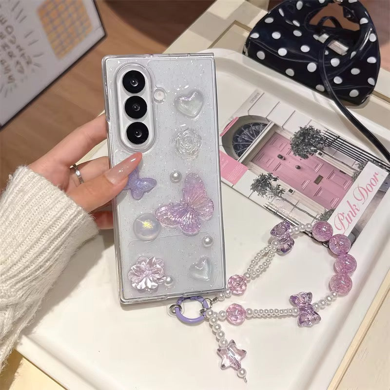 3D Purple Pearl Butterfly Lanyard Bracelet Chain Samsung Z Flip Fold Pre-Order Case Mobile Case by CoverMeUp - Style 2