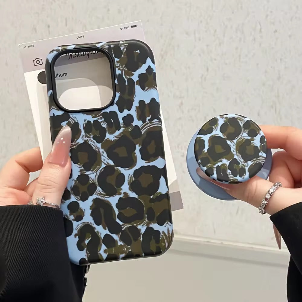 Protective Apple iPhone Back Cover - Brown Blue Leopard Magsafe Magnetic Phone Holder iPhone Pre-Order Case