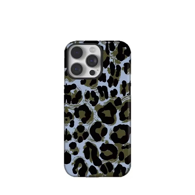 Protective Apple iPhone Back Cover - Brown Blue Leopard Magsafe Magnetic Phone Holder iPhone Pre-Order Case - Style 7