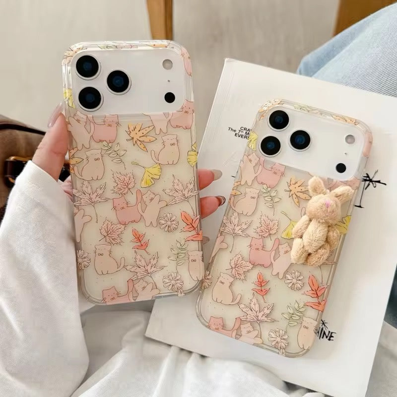 Protective Apple iPhone Back Cover - Cute Maple Leaf Cat With 3D Fur Bunny iPhone Pre-Order Soft Transparent Case
