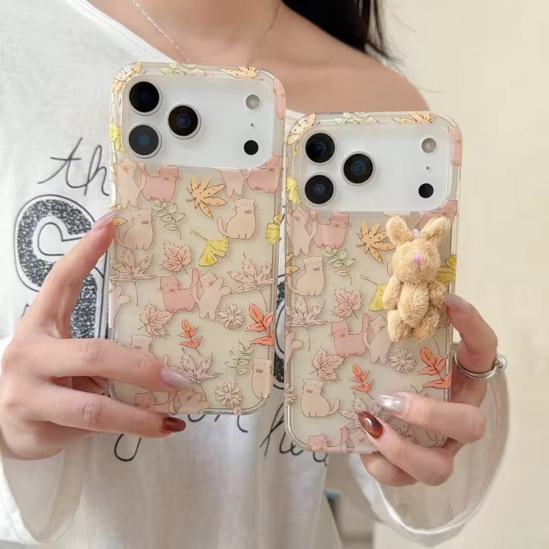 Protective Apple iPhone Back Cover - Cute Maple Leaf Cat With 3D Fur Bunny iPhone Pre-Order Soft Transparent Case - Style 2