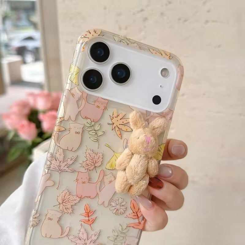 Protective Apple iPhone Back Cover - Cute Maple Leaf Cat With 3D Fur Bunny iPhone Pre-Order Soft Transparent Case - Style 5