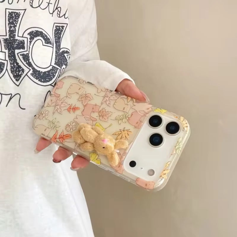 Protective Apple iPhone Back Cover - Cute Maple Leaf Cat With 3D Fur Bunny iPhone Pre-Order Soft Transparent Case - Style 6