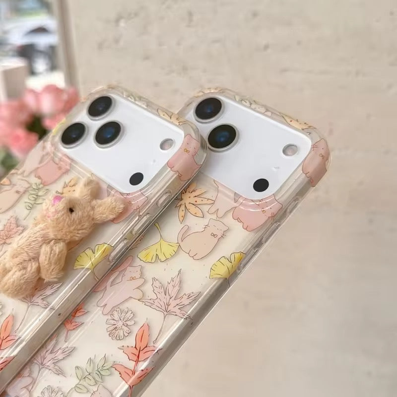 Protective Apple iPhone Back Cover - Cute Maple Leaf Cat With 3D Fur Bunny iPhone Pre-Order Soft Transparent Case - Style 3