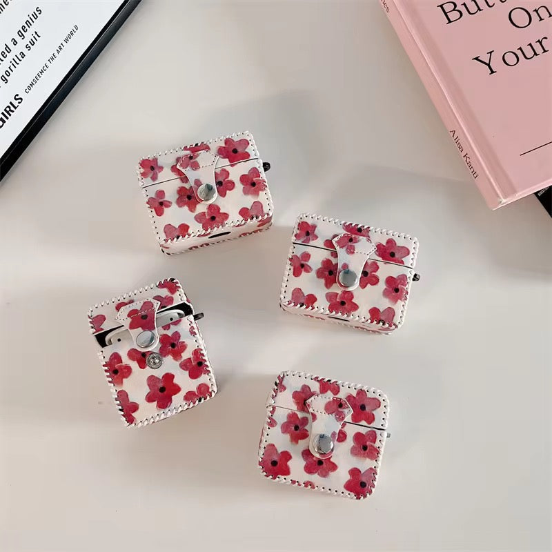 Cute Red Floral Leather Fabric Airpod Case