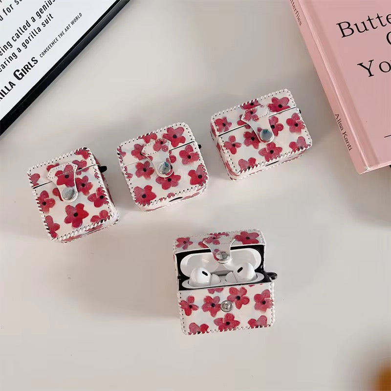 Cute Red Floral Leather Fabric Airpod Case