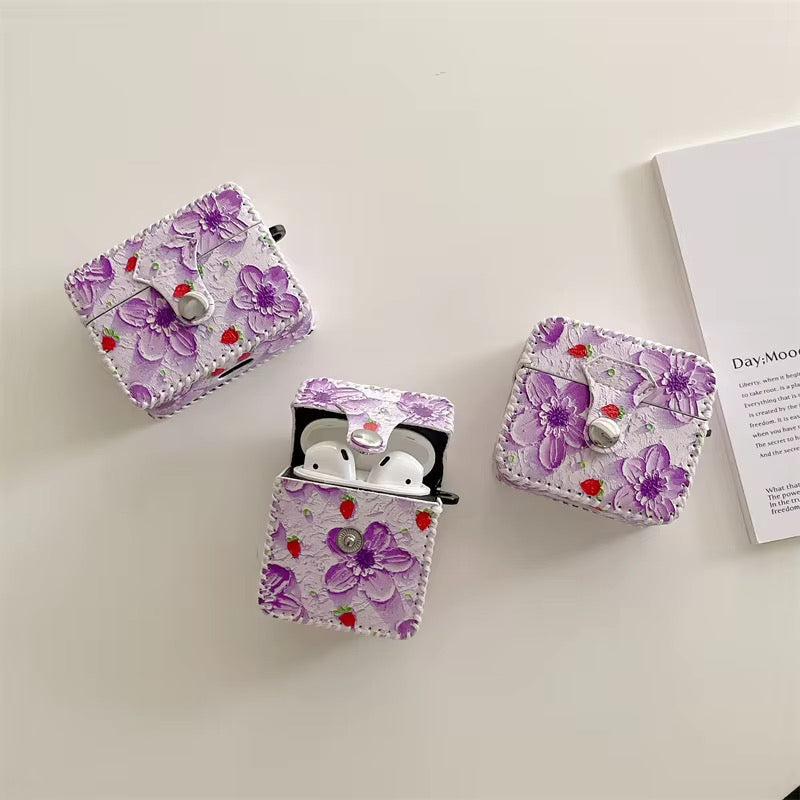 Cute Purple Floral Leather Fabric Airpod Case