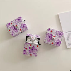 Cute Purple Floral Leather Fabric Airpod Case