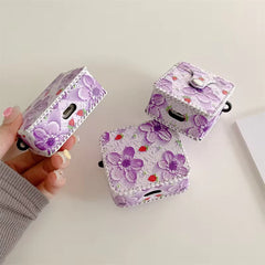 Cute Purple Floral Leather Fabric Airpod Case