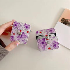 Cute Purple Floral Leather Fabric Airpod Case