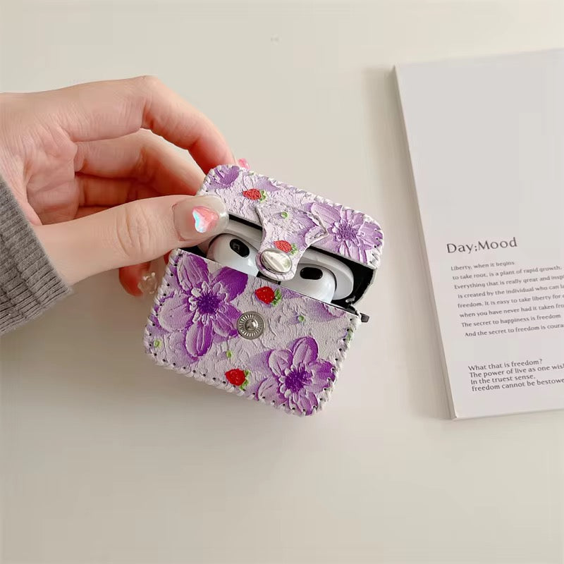 Cute Purple Floral Leather Fabric Airpod Case Mobile Case by CoverMeUp - Style 2