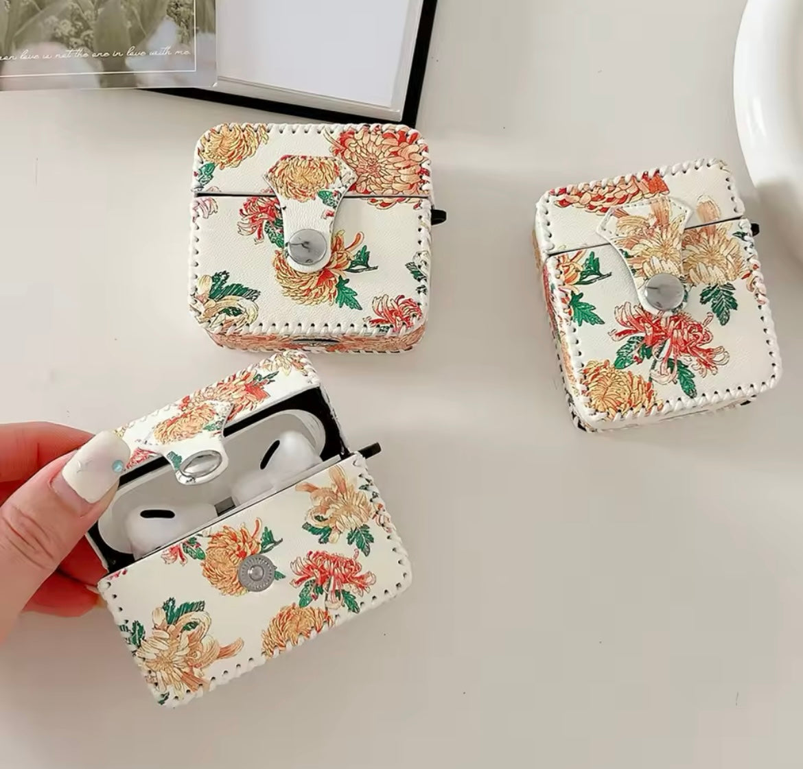 Cute Yellow Orange Floral Leather Fabric Airpod Case Mobile Case by CoverMeUp - Style 2