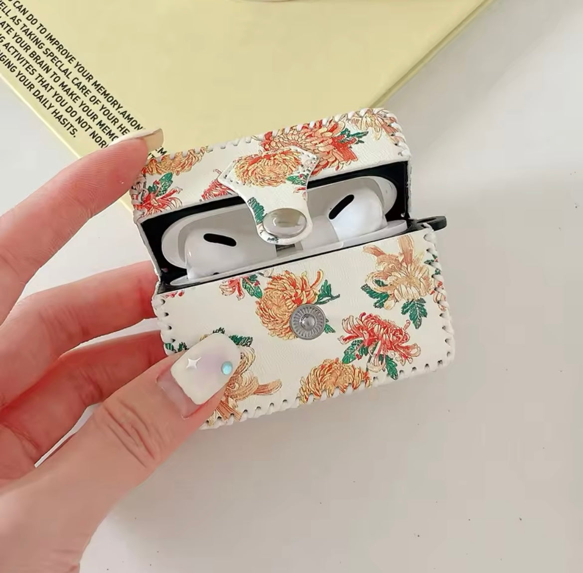 Cute Yellow Orange Floral Leather Fabric Airpod Case