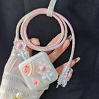 Protective Apple iPhone Back Cover - New Bow Floral Pink Transparent iPhone 35-Watt Adapter Dual Charger Cable Wire Protector Set