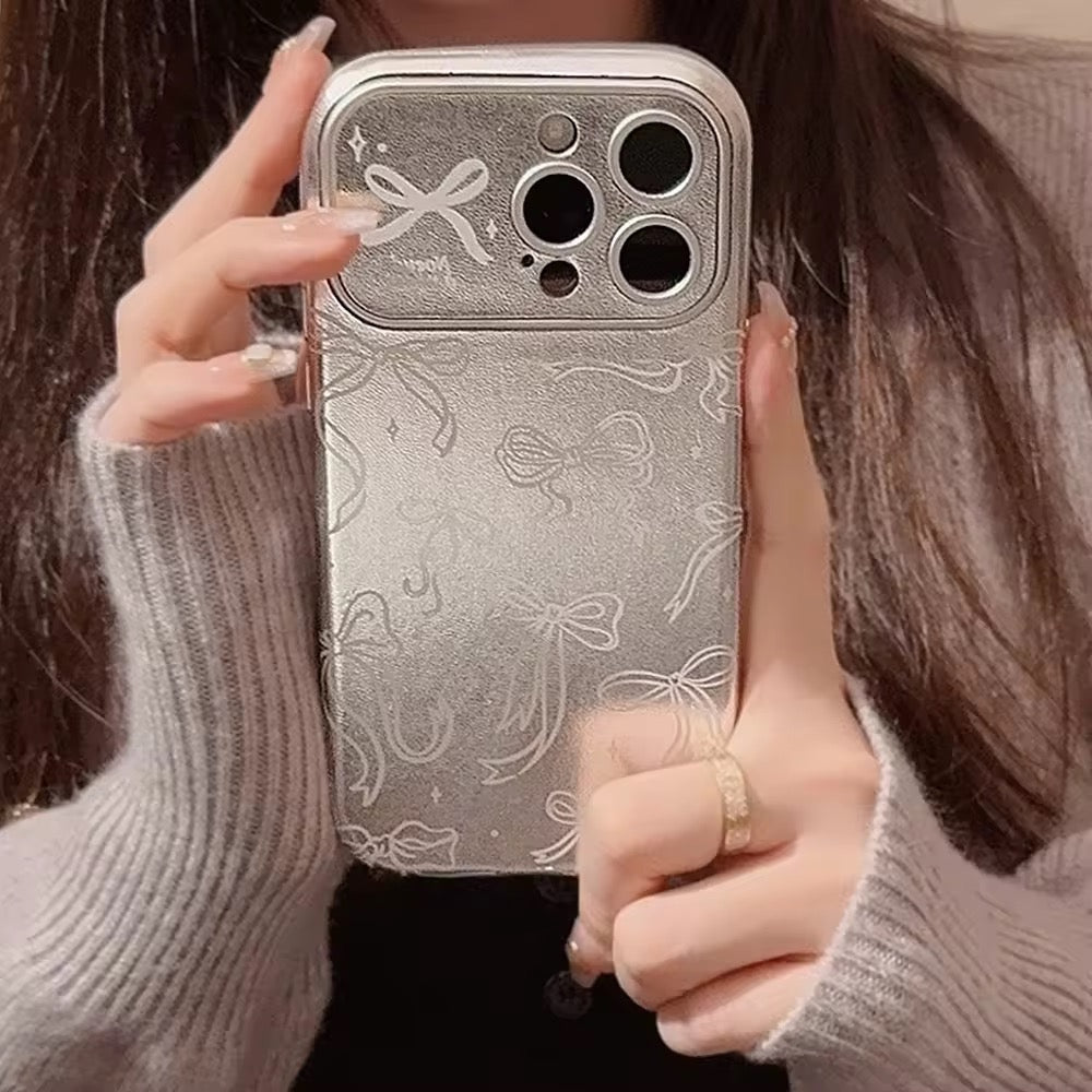 Protective Apple iPhone Back Cover - Korean Silver Bow Leather Plating iPhone Pre-Order Case - Style 3