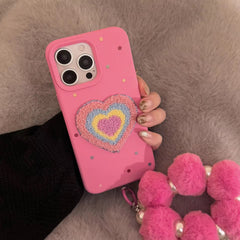3D Rainbow Heart Pink Plush Fabric iPhone Case With Fur Pearl Lanyard